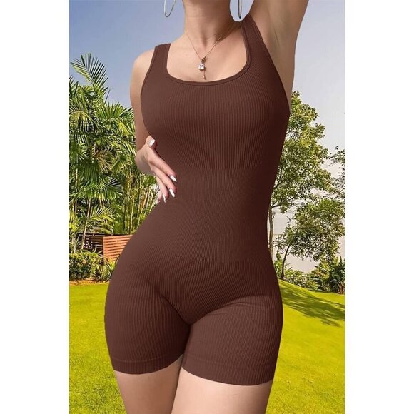 Women Brown Jumpsuit,  Bodycon Seamless Yoga Ribbed Active Romper, Rompers - Picture 3 of 7